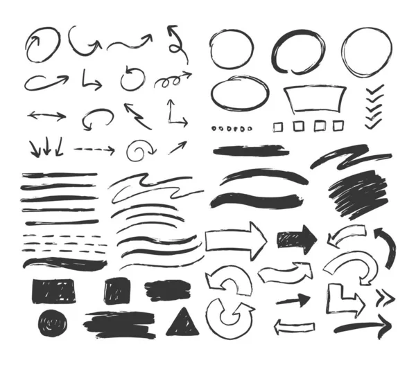 Büyük bir grup vektör el beyaza izole edilmiş farklı elementler çizdi. Çemberler, oklar, lekeler, kareler.