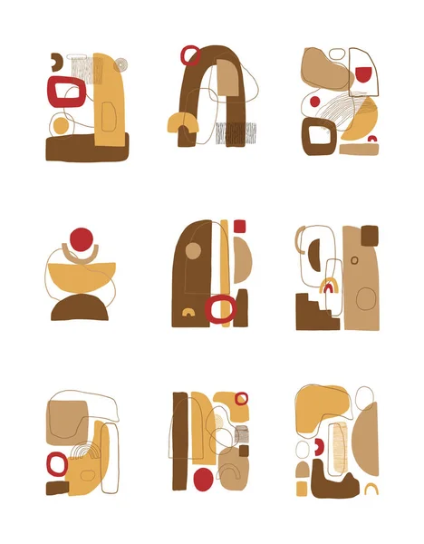 Soyut vektör kolaj posterleri ya da kart şablonları seti. Estetik geometrik arka plan. El yapımı kompozisyon, serbest ve organik şekiller.