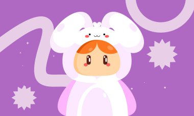 Tavşan Maskot Kostümlü Şirin Çocuk Çizgi Film Çizimi