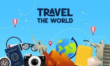 Dünya Konseptini Seyahat Et. Mutlu Dünya Turizm Günü Bayrak İllüstrasyonları