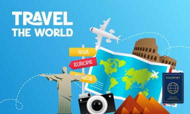 Dünya Konseptini Seyahat Et. Mutlu Dünya Turizm Günü Bayrak İllüstrasyonları