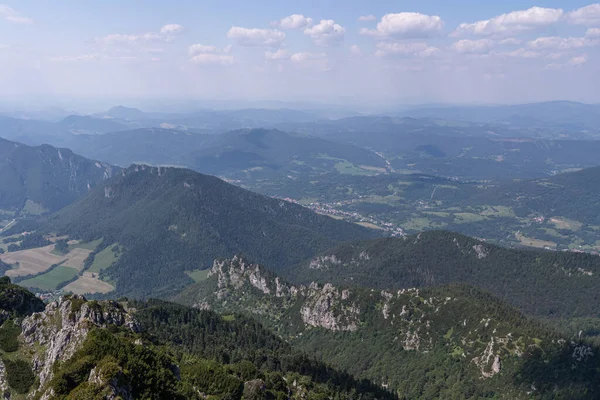 Velky Rozsutec, Mala Fatra, Slovakya - kayalık dağların tepesi. Kayalar, ağaçlar, orman ve açık mavi gökyüzü