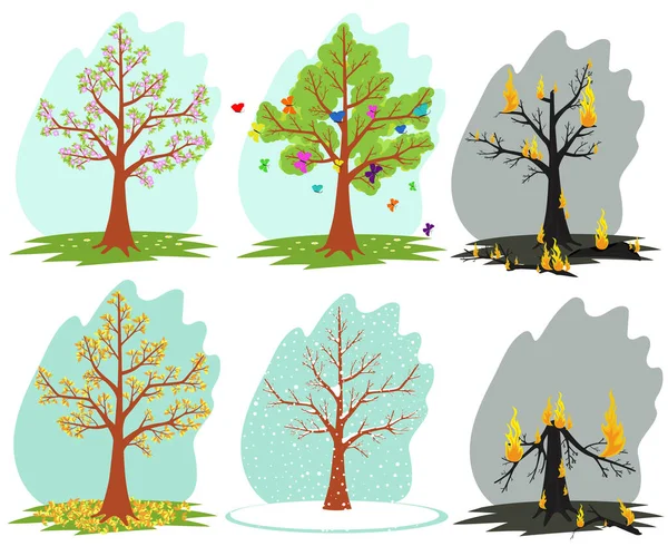 Baum in verschiedenen Jahreszeiten. Bäume im Feuer. Stockillustration