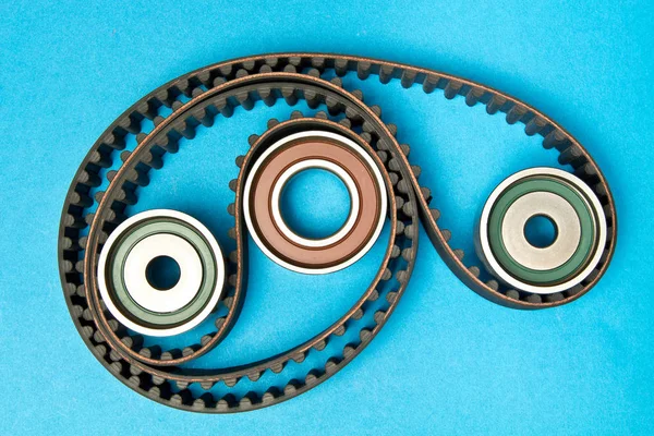 Timing belt with rollers on background .Kit of timing belt for c