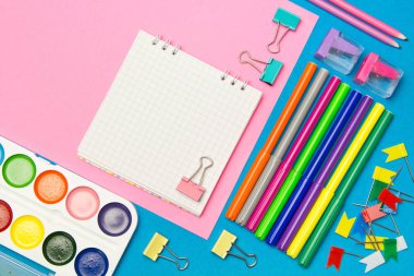 Kırtasiye. Mavi ve pembe renkte okul ve ofis malzemeleri