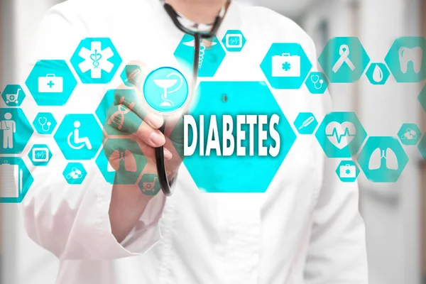 Medical Doctor with stethoscope and Diabetes icon in Medical net — Stock Photo, Image