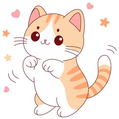 Şirin kedi dans ediyor. Sevimli karakter tasarımı. Çocuklar için grafiksel öğeler. Çizgi film el çizimi tarzı.