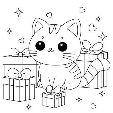  Kawaii kedisinin hediye kutularıyla boyama sayfası