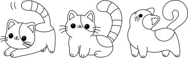 Sevimli kediler. Komik kawaii gülümseyen karalama hayvanı. Yüz hatları siluet simgesi. Sevimli çizgi film evcil hayvan karakteri. Düz tasarım.