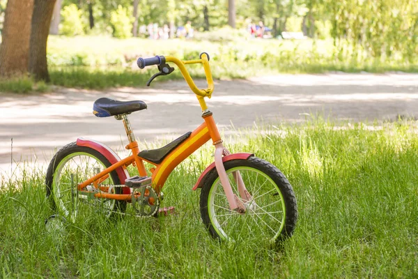 Ein Rotes Kinderfahrrad Steht Auf Dem Grünen Rasen — Stockfoto