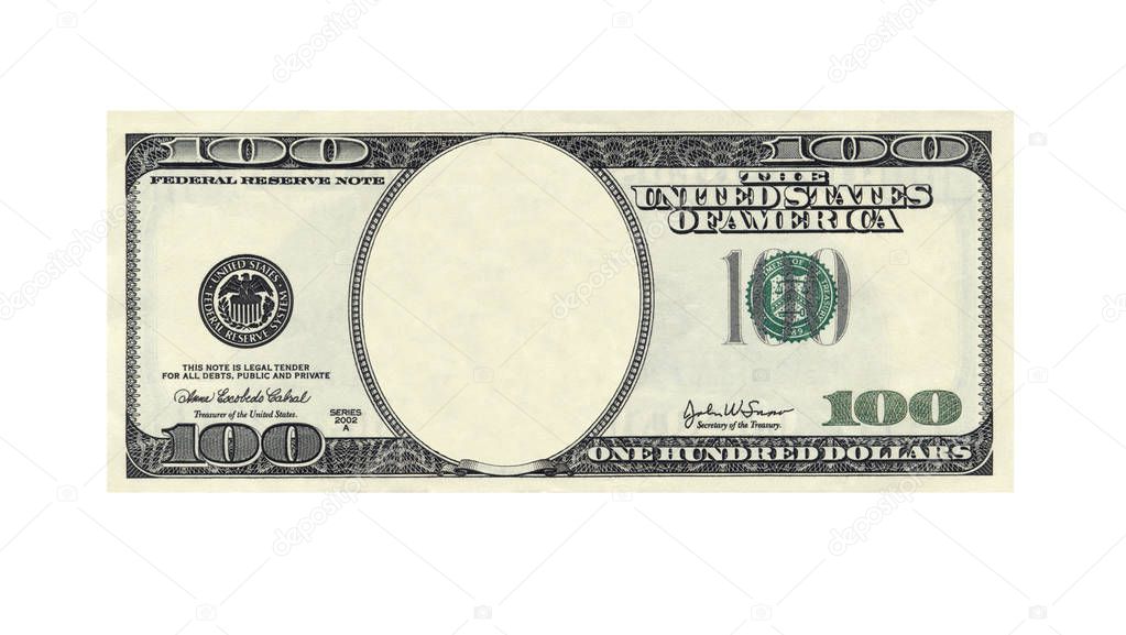 One hundred dollars bill with no face isolated on white