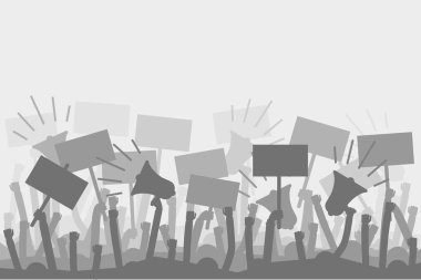 Siyasi protesto megafon, afiş ve bayrakları holding siluet protestocular eller ile. İnsanlar protestocular siluet kalabalık. Resimde grev siyasi protestocu ve gösteri. Vektör çizim