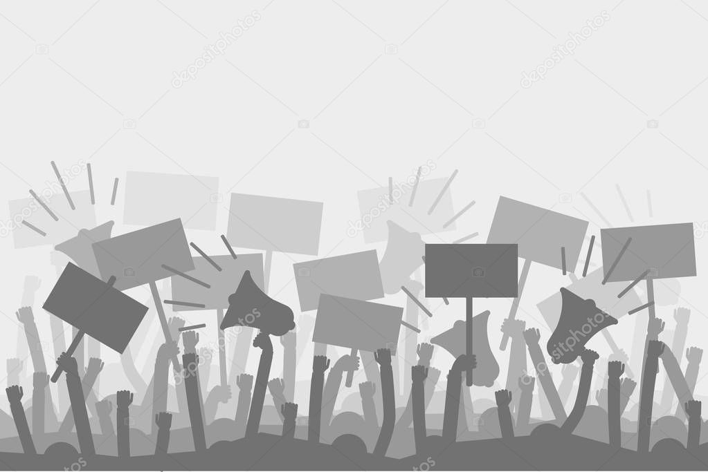 Political protest with silhouette protesters hands holding megaphone, banners and flags. Silhouette crowd of people protesters. Illustration strike political protester and demonstration. Vector illustration