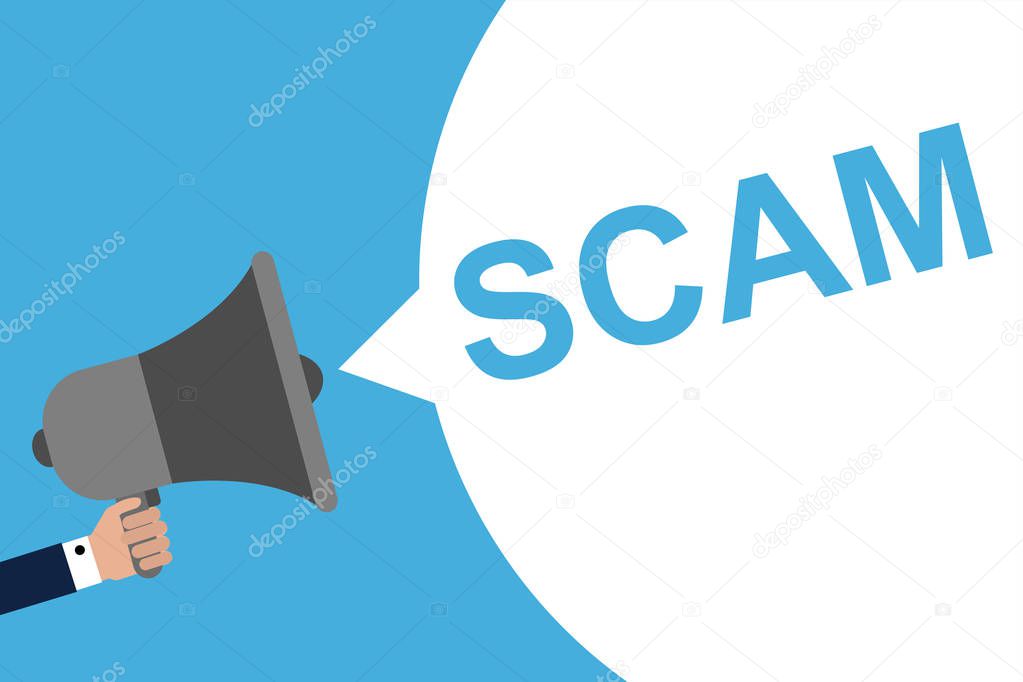 Hand Holding Megaphone With Speech Bubble SCAM. Announcement. Vector illustration