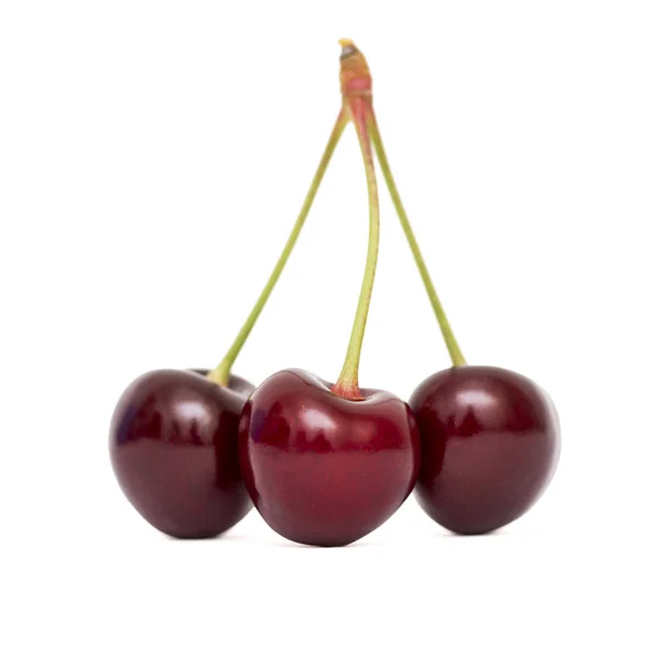 Trzech Dojrzałych Wiśni Białym Tle Berry Słodkie Wiśnie — Zdjęcie stockowe
