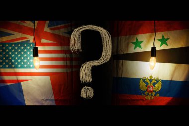 Amerika, İngiltere, Fransa karşısında Rusya ve Suriye bayrakları bayraklar