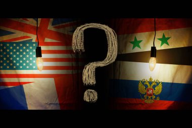 Amerika, İngiltere, Fransa karşısında Rusya ve Suriye bayrakları bayraklar