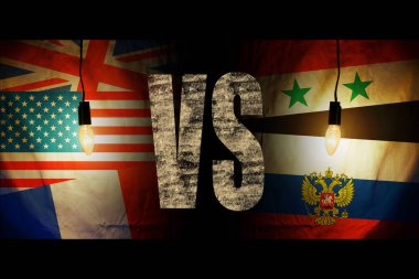 Amerika, İngiltere, Fransa karşısında Rusya ve Suriye bayrakları bayraklar