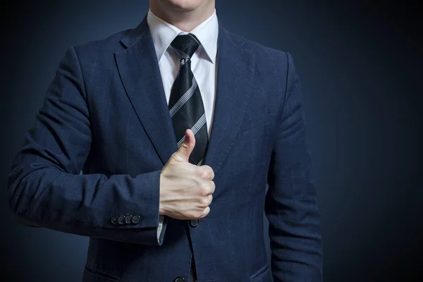 Businessman Suit Showing Good Sign His Thumb Blue Background — Stock Photo, Image