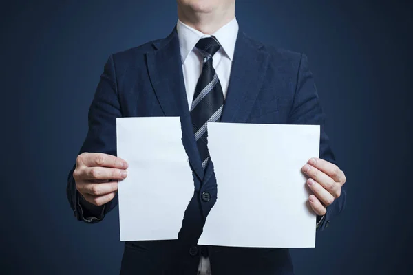 Businessman Tearing Blank Paper Apart — Stock Photo, Image