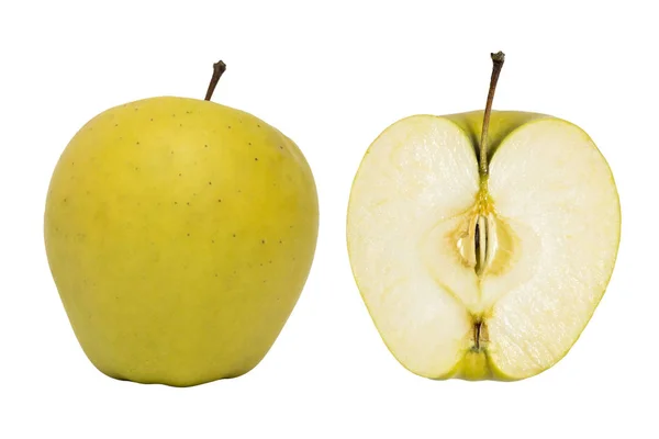 Celá Zelená Jablka Polovinu Jablka Izolovaných Bílém Pozadí — Stock fotografie