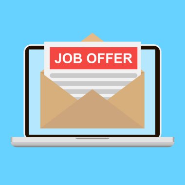 Zarf ile dizüstü bilgisayar ekranında iş teklifi. Hisse senedi vektör düz grafik.