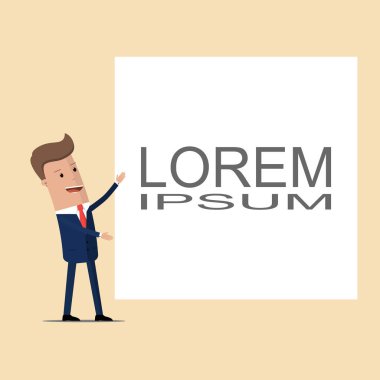 İş adamı boş bir sayfa gösterir. Metniniz için şablon. Vektör çizim