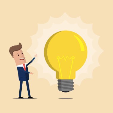 Bir işadamı yeni bir büyük fikir gösterir. Vektör çizim