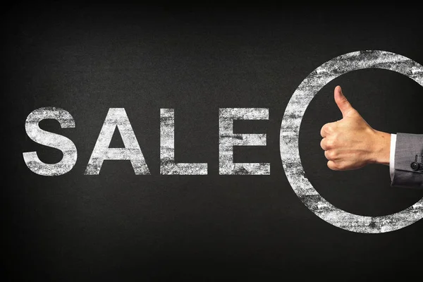 Hand Businessman Showing Thumbs Phrase Sale Written Blackboard — Stock Photo, Image