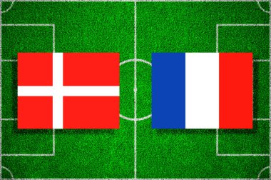 Danimarka - Fransa futbol sahasına bayrak. Futbol maçı