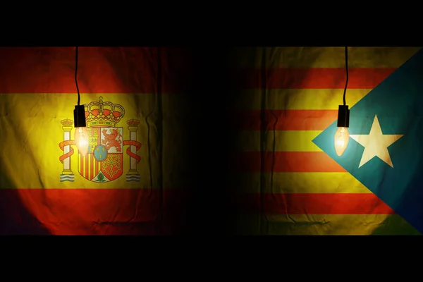 Spain flag and half catalan flag. Vote referendum for catalonia independence exit national crisis separatism risk concept