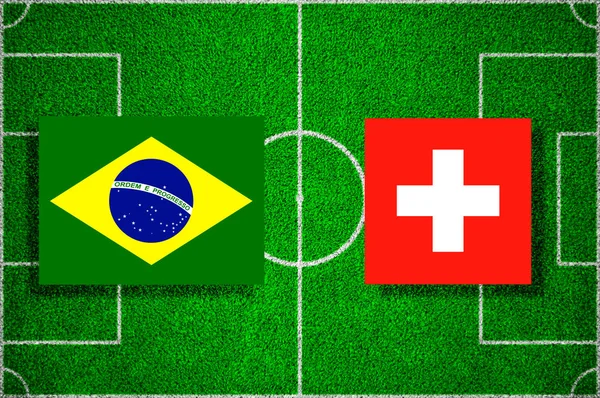 Vlajka Brazílie Švýcarsko Fotbalovém Hřišti Fotbalové Utkání — Stock fotografie