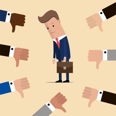 Üzgün işadamı ve fazla el başparmak aşağı ile. Hoşlanmadığı şeyleri ve negatif geri besleme kavramı. Vektör çizim