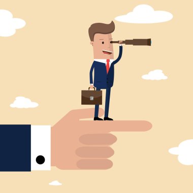 Büyük insan parmak kenarında duran ve spyglass arıyor işadamı. Vektör çizim