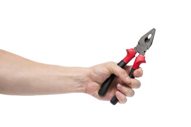 Erkek elini tut izole beyaz arka plan üzerinde siyah ve kırmızı pense