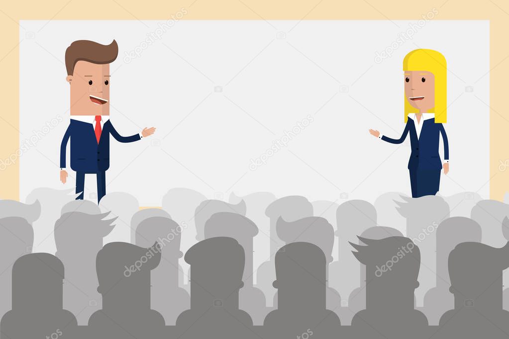 Businesswoman and businessman giving a presentation on big screen. Lecturers holds a seminar Audience, seminar, conference theme. Vector illustration