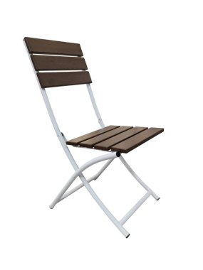 İzole beyaz zemin üzerine katlanır ahşap sandalye. Katlanır sandalye üzerinde beyaz izole kahverengi