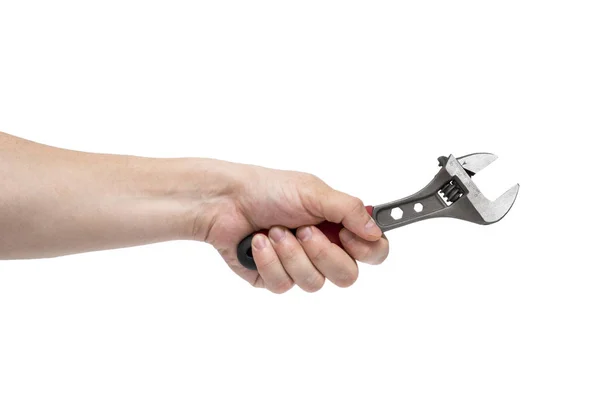Tangan Manusia Memegang Kunci Inggris Terisolasi Atas Putih Tangan Memegang — Stok Foto