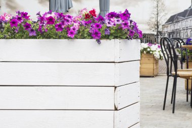Masa, sandalye ve çiçekler güzel Teras. Çiçek ahşap Çiçeklik yakınındaki şehirde café tasarımı