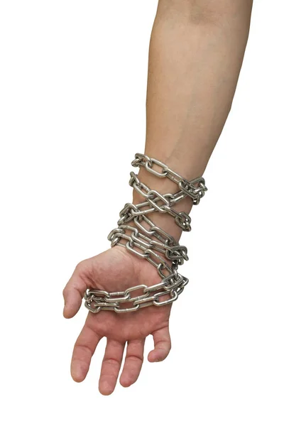 Hands Chains Background White Social Theme Hands Tied Metal Chain — Stock Photo, Image