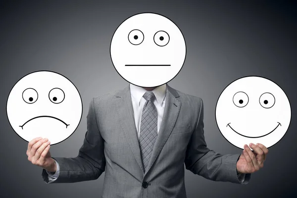 Empresário Com Máscara Emoções Diferentes Empresário Segurando Sorriso Máscara Triste — Fotografia de Stock