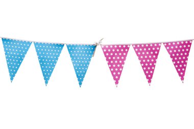 Beyaz arka plan üzerinde izole parti bayrakları asılı, festival için öğeleri süslemeleri, olay kutlamak. Dekorasyon için belgili tanımlık tatil