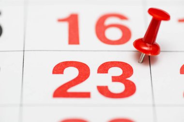 Tarih sayısı 23 pin. Ayın yirmi üçüncü gün kırmızı bir raptiye ile işaretlenir. Takvimde pin