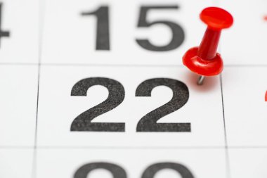 Tarih sayısı 22 pin. Ayın yirmi ikinci günü kırmızı bir raptiye ile işaretlenir. Takvimde pin