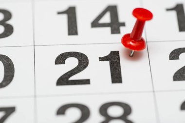 Tarih sayısı 21 pin. Ayın yirmi birinci günü kırmızı bir raptiye ile işaretlenir. Takvimde pin