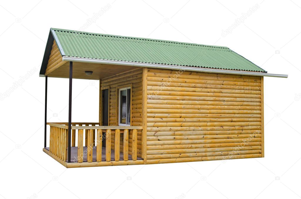 Wooden house isolated on white background. Construction of a new wooden bath in a summer cottage