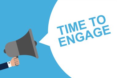 Megafon ile meşgul için konuşma balonu zaman tutan el. Duyuru. Vektör çizim