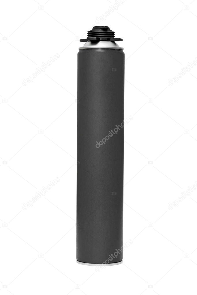 Tank with foam construction isolated on white. PU expanding foam tube isolated on white. Cylinder assembly construction polyurethane foam isolated on white