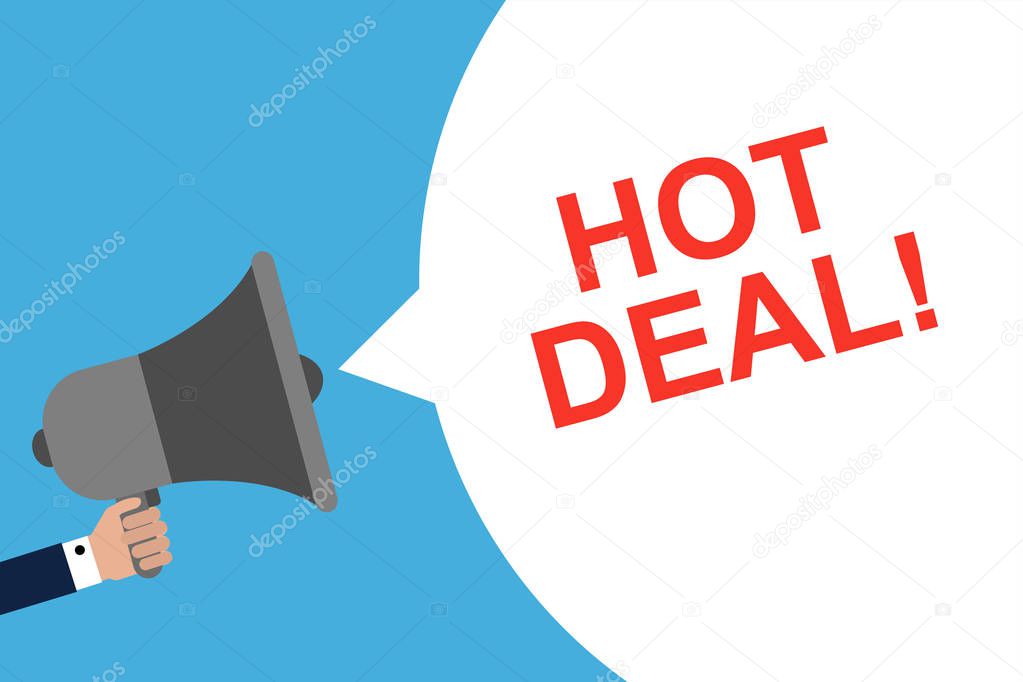 Hand Holding Megaphone With Speech Bubble HOT DEAL!. Announcement. Vector illustration