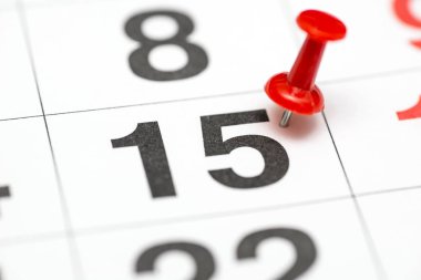 Tarih sayısı 15 pin. Ayın yirmi ikinci günü kırmızı bir raptiye ile işaretlenir. Takvimde pin